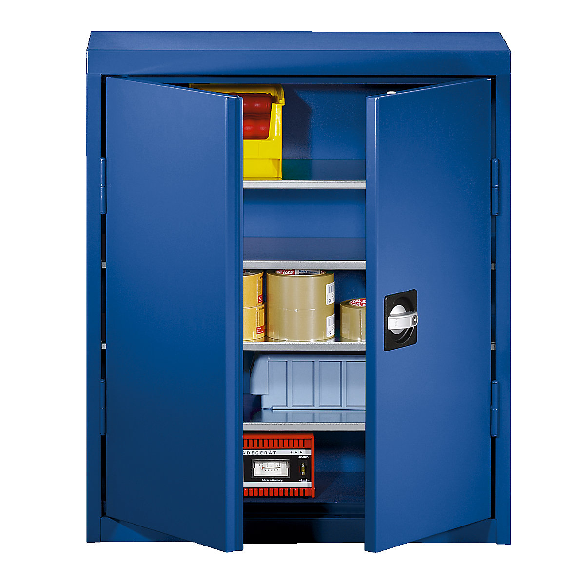 Storage cupboard made of sheet steel – eurokraft pro, height 780 mm, gentian blue RAL 5010, 4 shelves-8