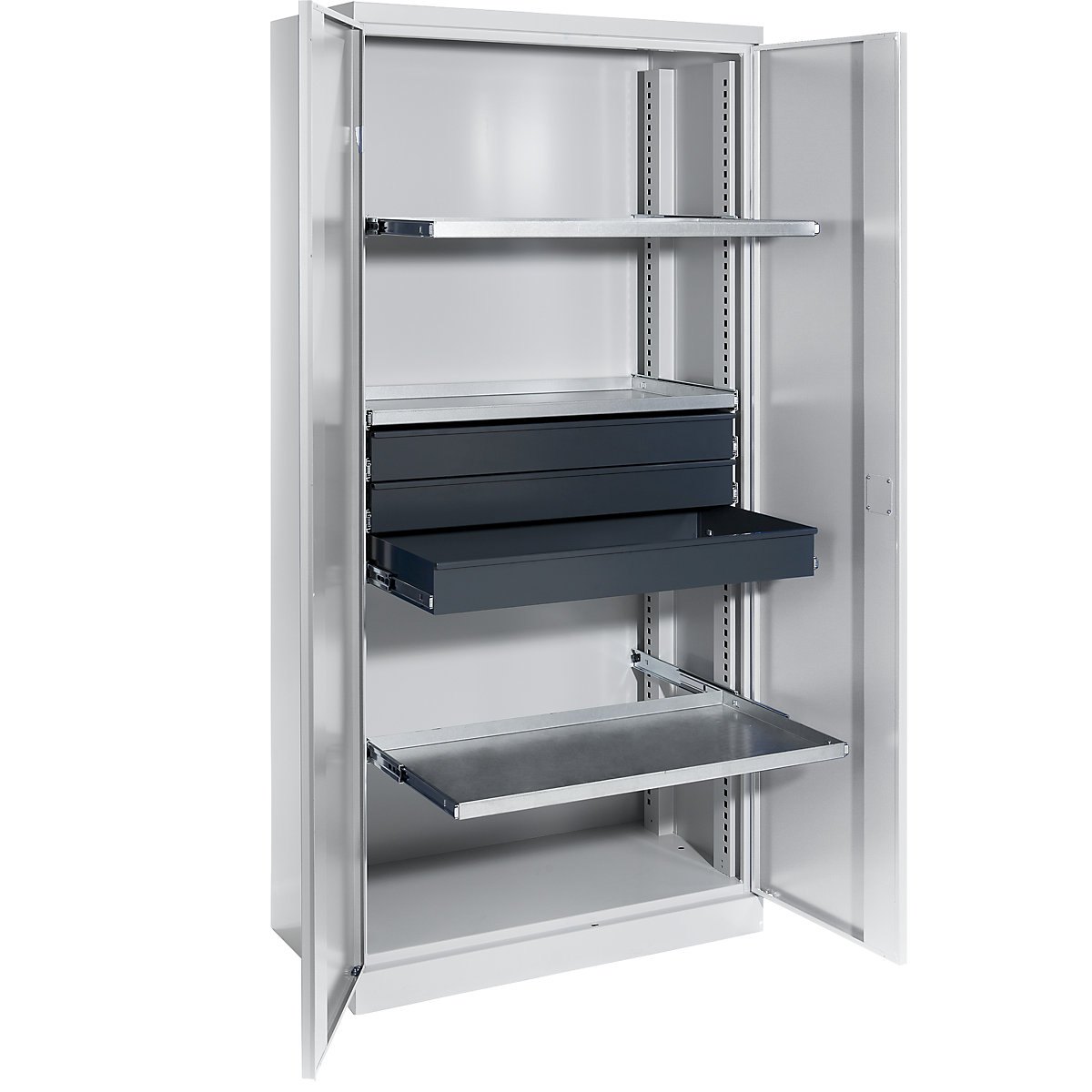Storage cupboard – eurokraft pro, width 950 mm, 3 pull-out shelves, 3 drawers, light grey door-4
