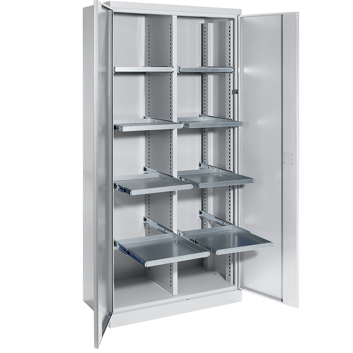 Storage cupboard – eurokraft pro, width 950 mm, 8 pull-out shelves, 1 centre partition, light grey door-5