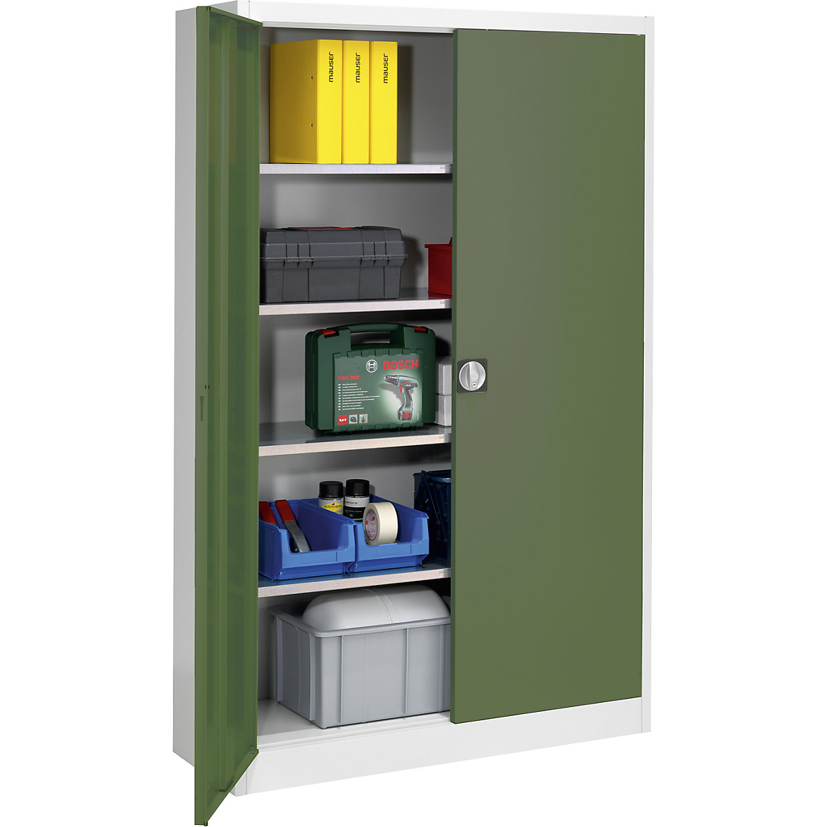 Storage cupboard – mauser, HxWxD 1950 x 1200 x 420 mm, light grey / reseda green-5