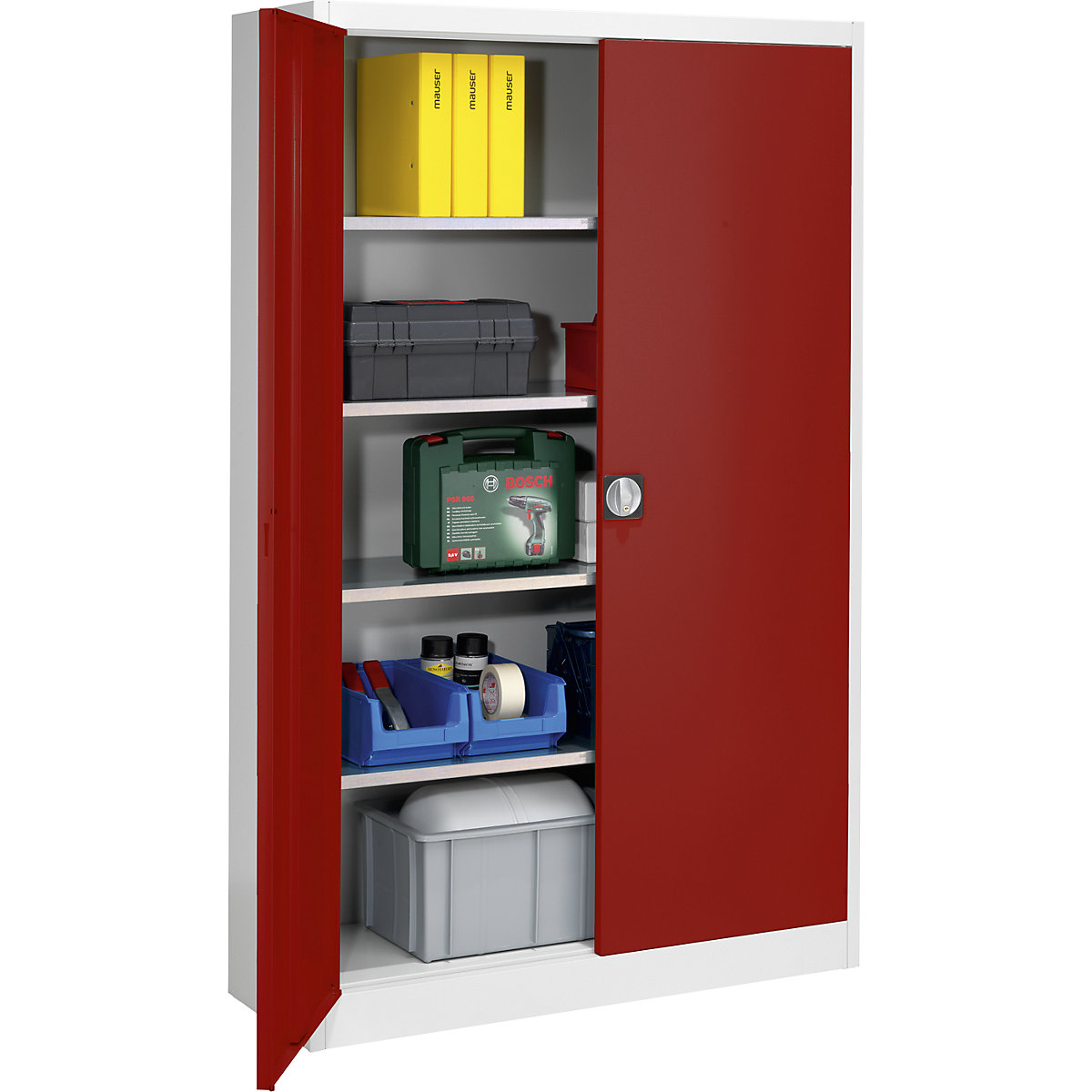 Storage cupboard – mauser, HxWxD 1950 x 1200 x 420 mm, light grey / flame red-3