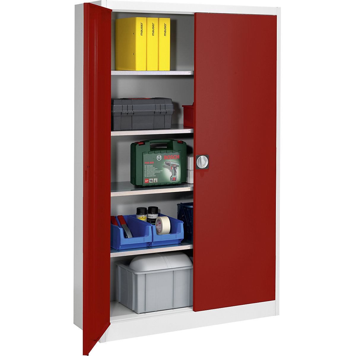 Storage cupboard – mauser, HxWxD 1950 x 1200 x 500 mm, light grey / flame red-6