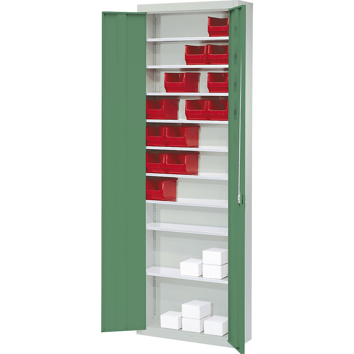 Storage cupboard, without open fronted storage bins – mauser, HxWxD 2150 x 680 x 280 mm, two-colour, grey body, green doors-6