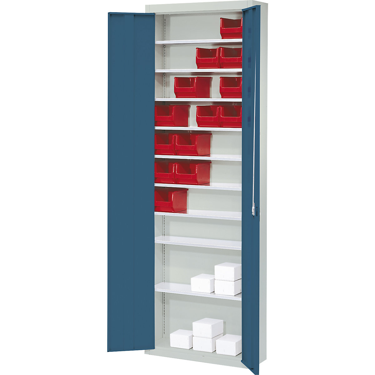 Storage cupboard, without open fronted storage bins – mauser, HxWxD 2150 x 680 x 280 mm, two-colour, grey body, blue doors-4