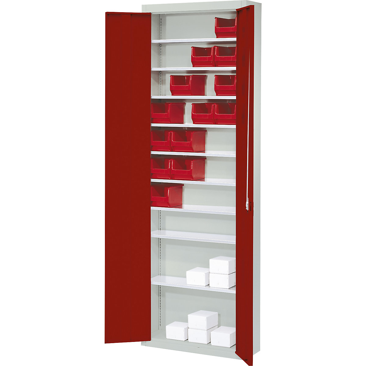 Storage cupboard, without open fronted storage bins – mauser, HxWxD 2150 x 680 x 280 mm, two-colour, grey body, red doors-5