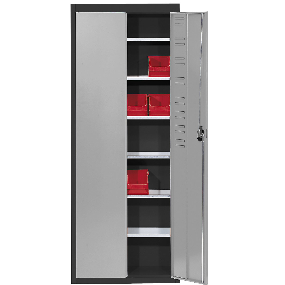 Storage cupboard, without open fronted storage bins – mauser, HxWxD 1740 x 680 x 280 mm, two-colour, black body, grey doors-6