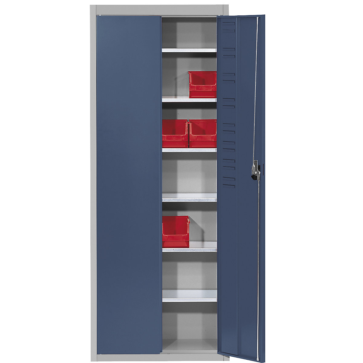 Storage cupboard, without open fronted storage bins – mauser, HxWxD 1740 x 680 x 280 mm, two-colour, grey body, blue doors, 3+ items-4
