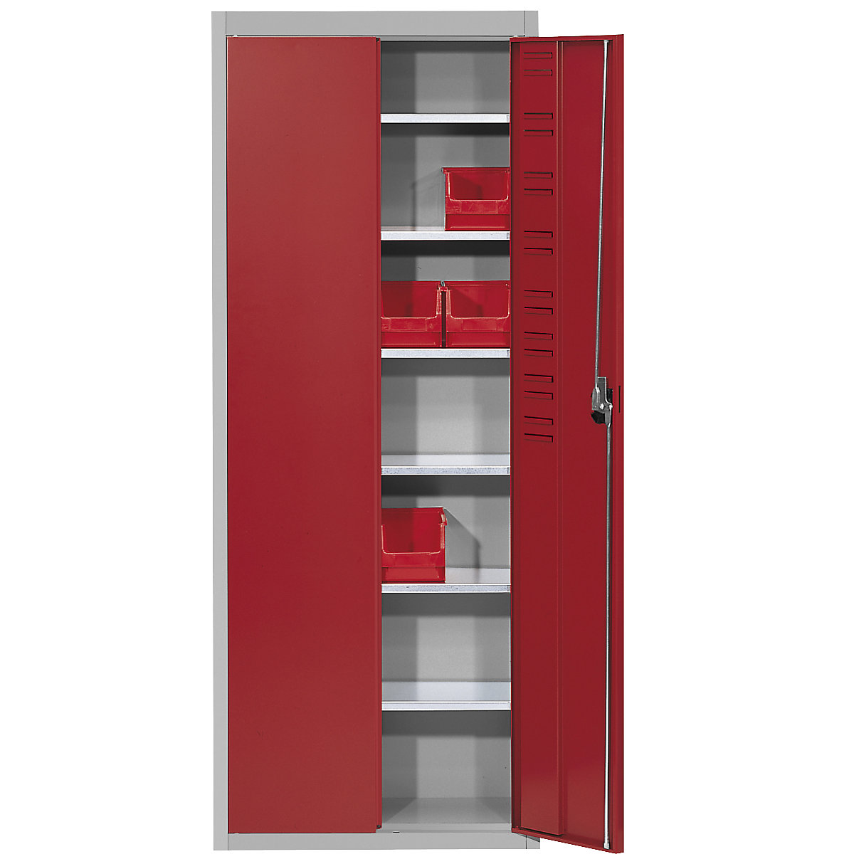 Storage cupboard, without open fronted storage bins – mauser, HxWxD 1740 x 680 x 280 mm, two-colour, grey body, red doors, 3+ items-5