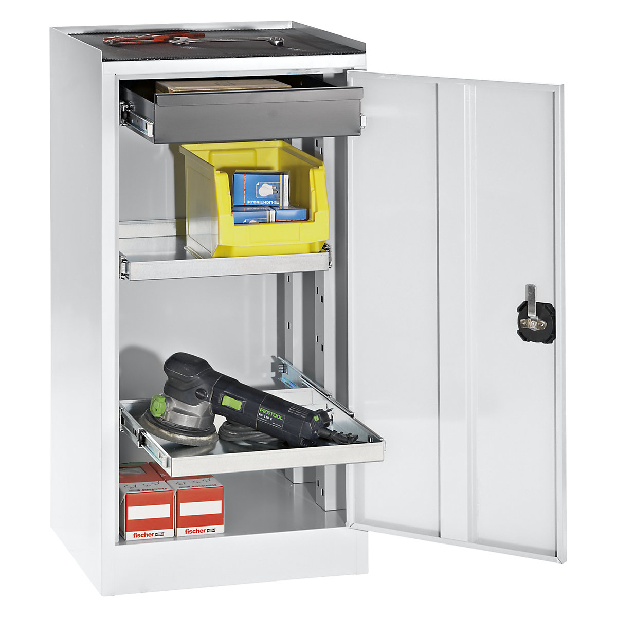 Tool and side cupboard – eurokraft pro, 1 drawer, 2 shelves, light grey door-10
