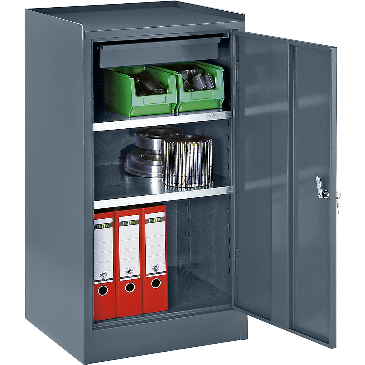 Tool cupboard – eurokraft basic, with 1 drawer, 2 shelves, HxWxD 1000 x 500 x 500 mm, blue grey RAL 7031-4