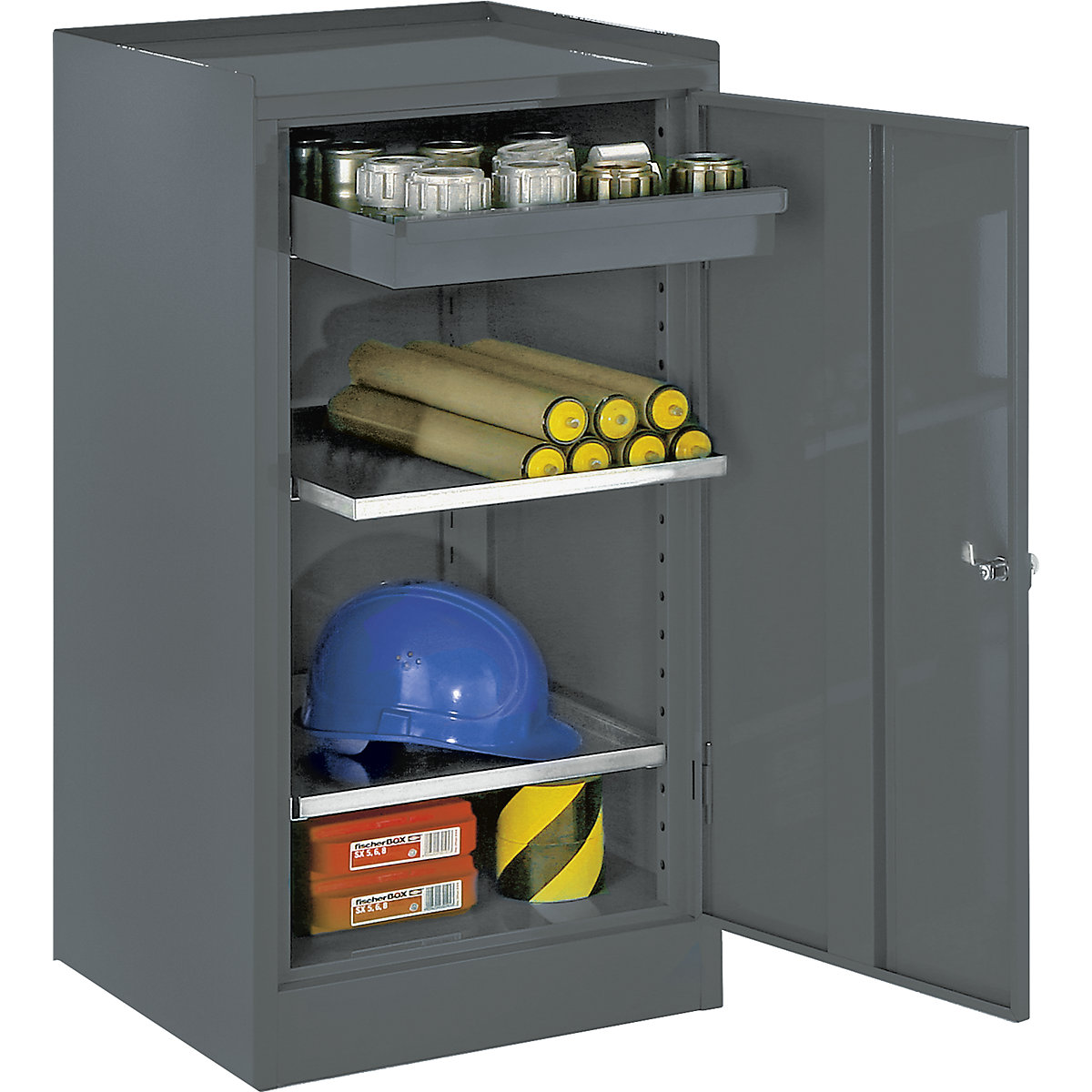 Tool cupboard – eurokraft basic, with 1 drawer, 2 shelves, height adjustment grid 40 mm, blue grey RAL 7031-5