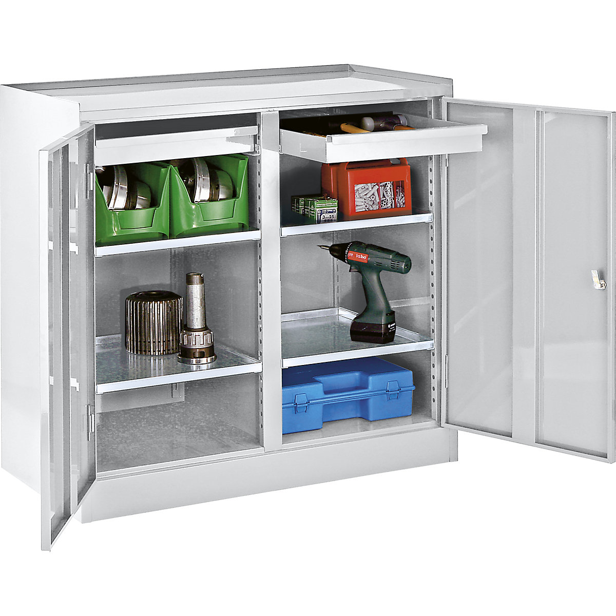 Tool cupboard – eurokraft basic, with centre partition, 2 drawers, 4 shelves, light grey RAL 7035-3