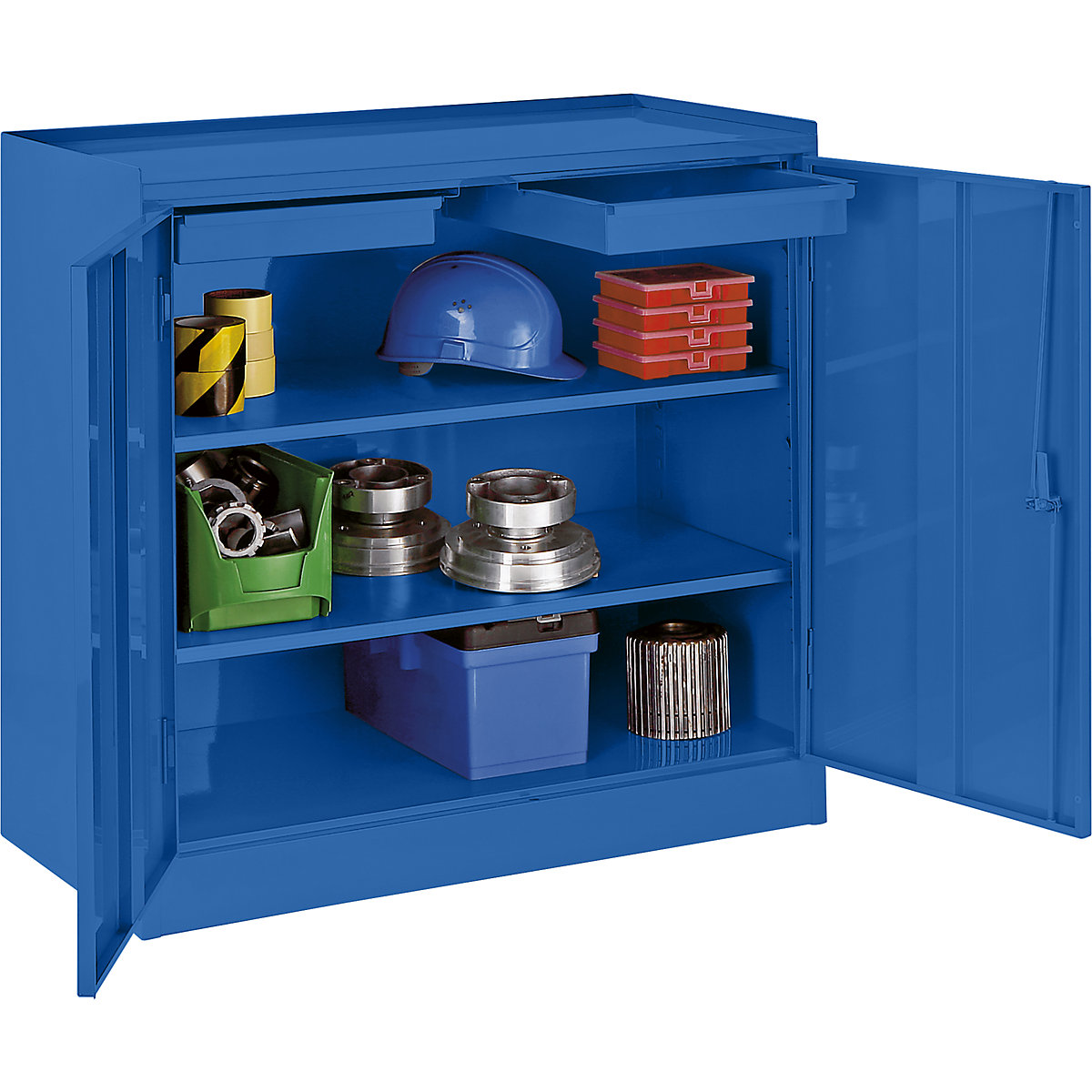 Tool cupboard – eurokraft basic, with 2 drawers, 2 full length shelves, gentian blue RAL 5010-4