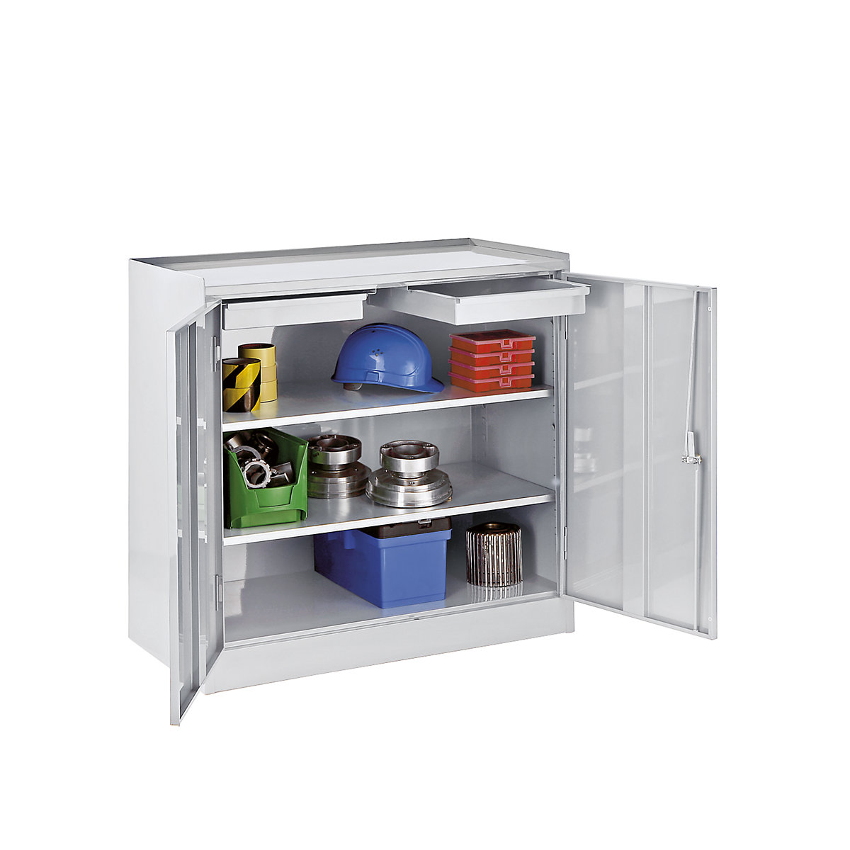 Tool cupboard – eurokraft basic, with 2 drawers, 2 full length shelves, light grey RAL 7035-1