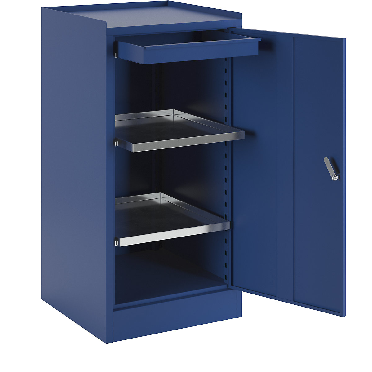 Tool cupboard – eurokraft basic, with 1 drawer, 2 shelves, height adjustment grid 40 mm, gentian blue RAL 5010-4