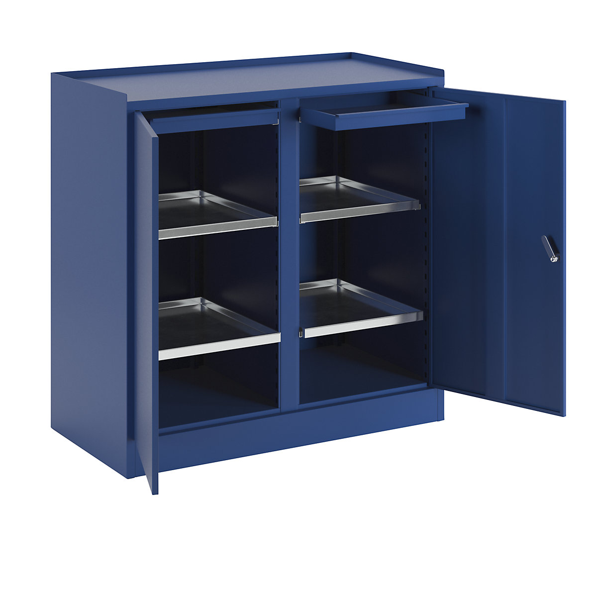 Tool cupboard – eurokraft basic, with centre partition, 2 drawers, 4 shelves, gentian blue RAL 5010-2