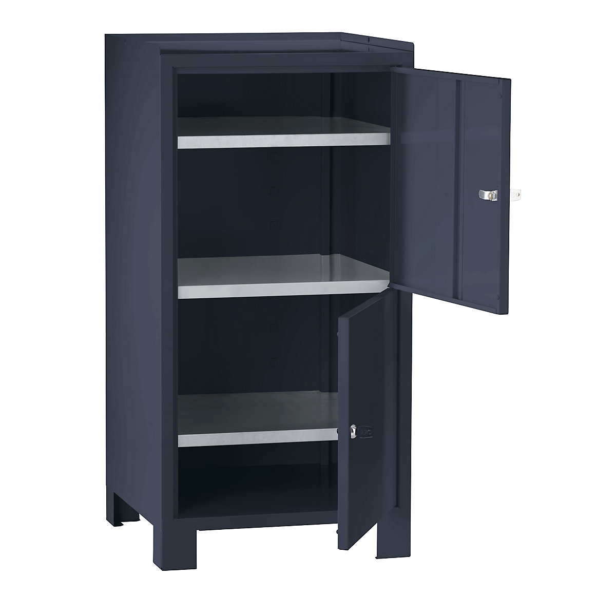 Tool cupboard with feet – Wolf, HxWxD 1000 x 500 x 500 mm, 2 lockable compartments with 1 shelf each, charcoal RAL 7016-10