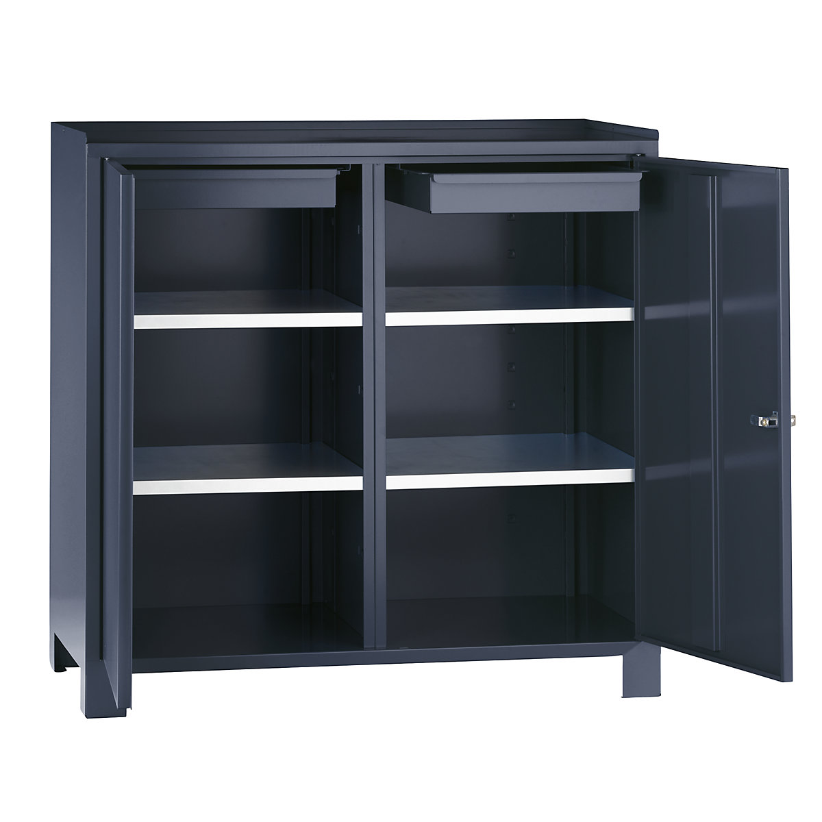 Tool cupboard with feet – Wolf, HxWxD 1000 x 1000 x 500 mm, partition, 1 drawer and 2 shelves on each side, charcoal RAL 7016-10