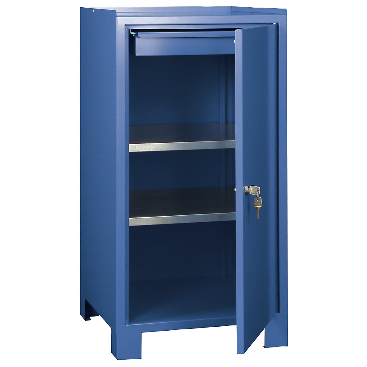Tool cupboard with feet – Wolf, HxWxD 1000 x 500 x 500 mm, 1 drawer, 2 shelves, brilliant blue RAL 5007-10