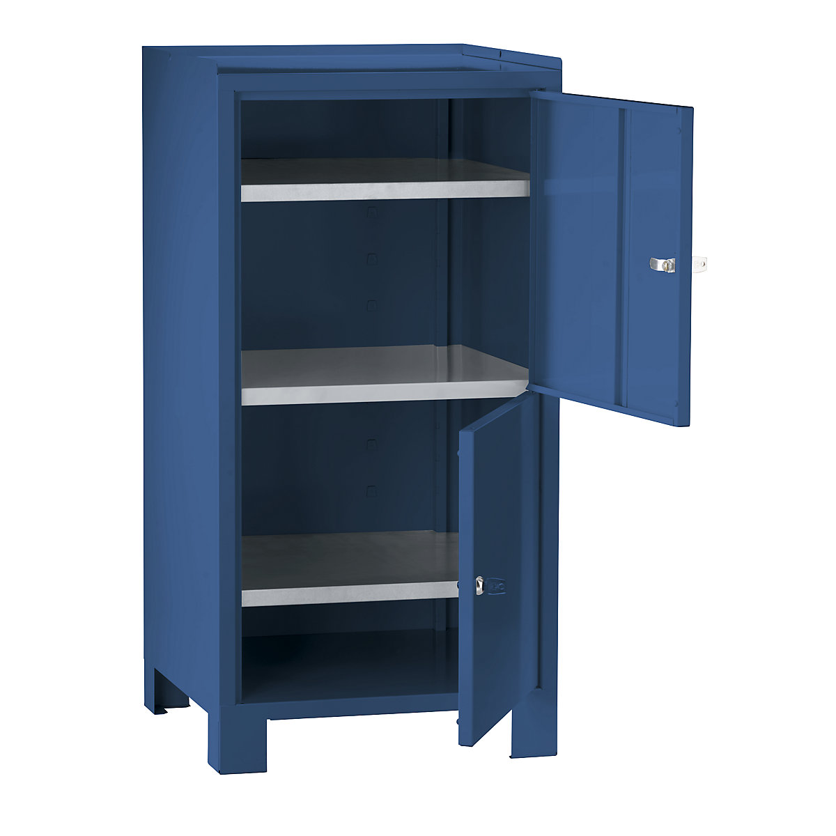 Tool cupboard with feet – Wolf, HxWxD 1000 x 500 x 500 mm, 2 lockable compartments with 1 shelf each, brilliant blue RAL 5007-11