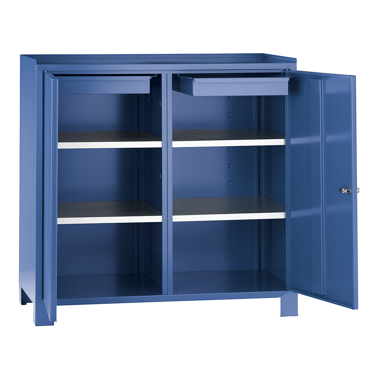 Tool cupboard with feet – Wolf, HxWxD 1000 x 1000 x 500 mm, partition, 1 drawer and 2 shelves on each side, brilliant blue RAL 5007-11