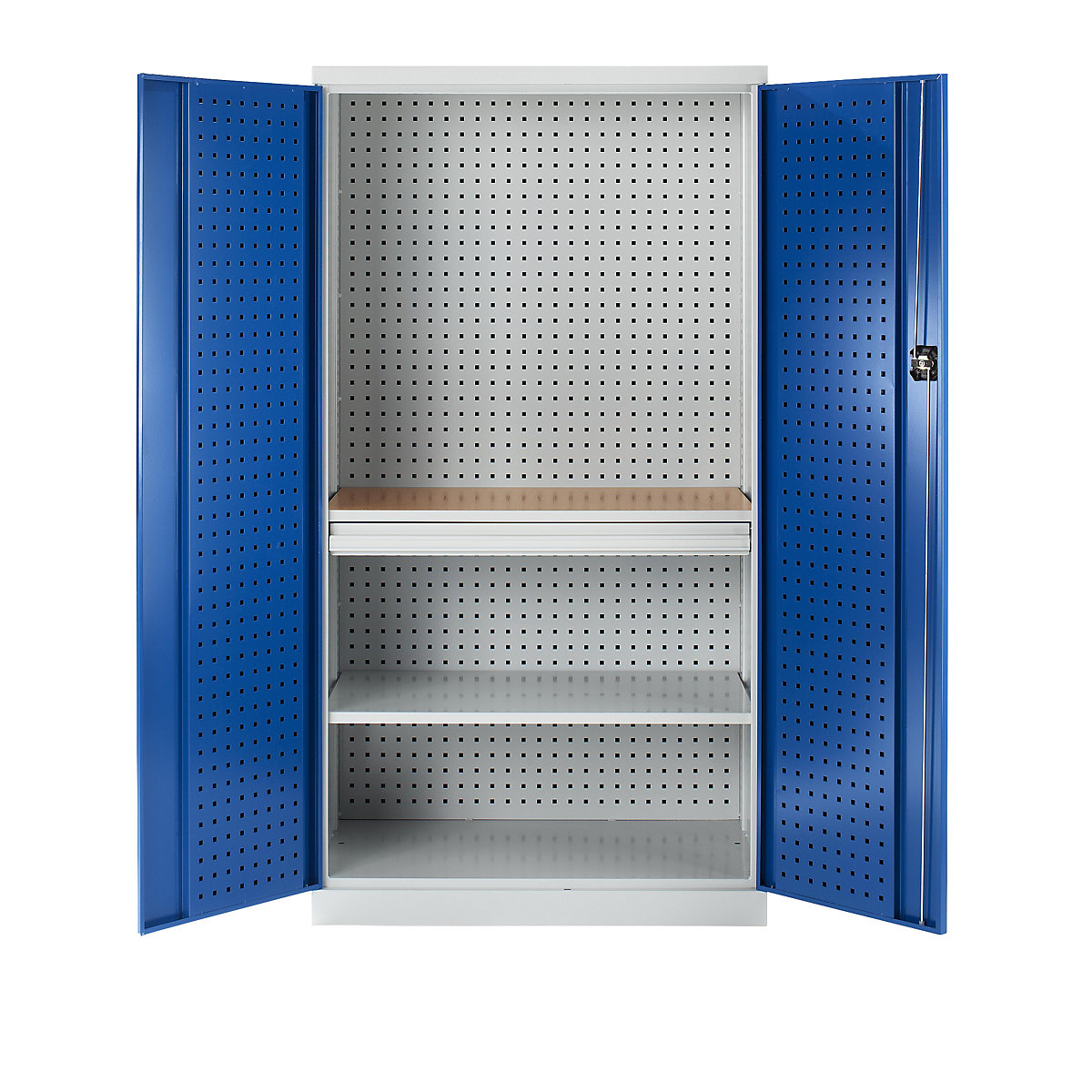 Tool cupboard with perforations, 1 drawer, 1 shelf, 1 worktop, gentian blue doors-4