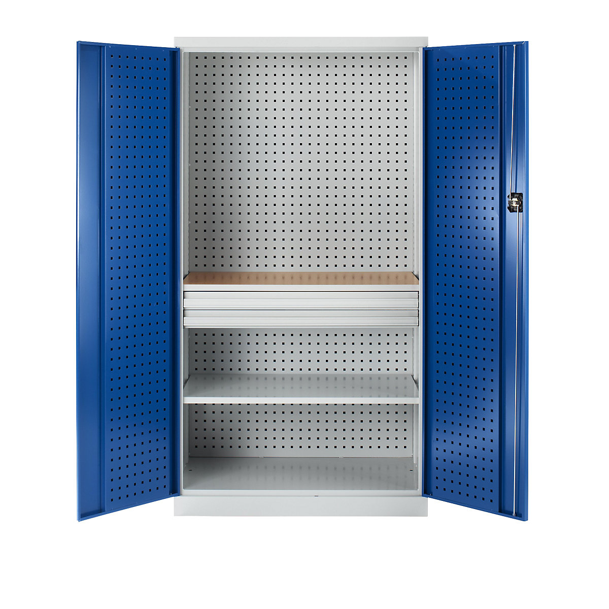 Tool cupboard with perforations, 2 drawers, 1 shelf, 1 worktop, gentian blue doors-4
