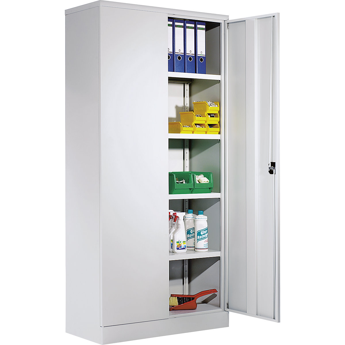 Universal cupboard with hinged doors and 4 shelves – eurokraft basic, HxWxD 1950 x 915 x 421 mm, body and doors light grey, 3+ items-16