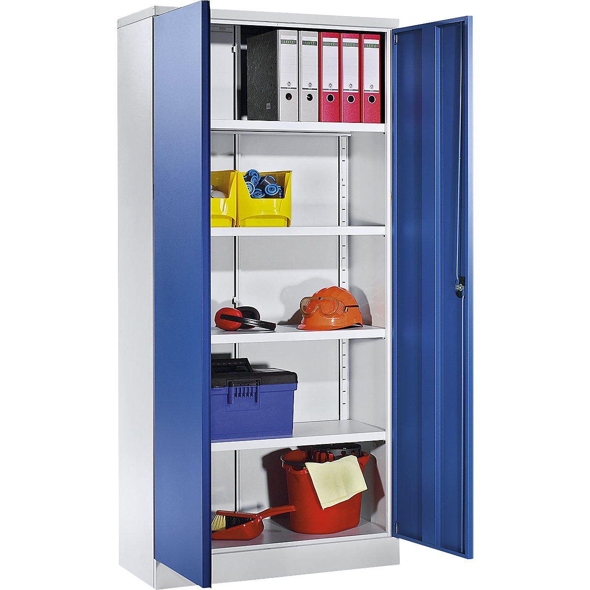 Universal cupboard with hinged doors and 4 shelves – eurokraft basic, HxWxD 1950 x 915 x 421 mm, light grey body / gentian blue doors-10