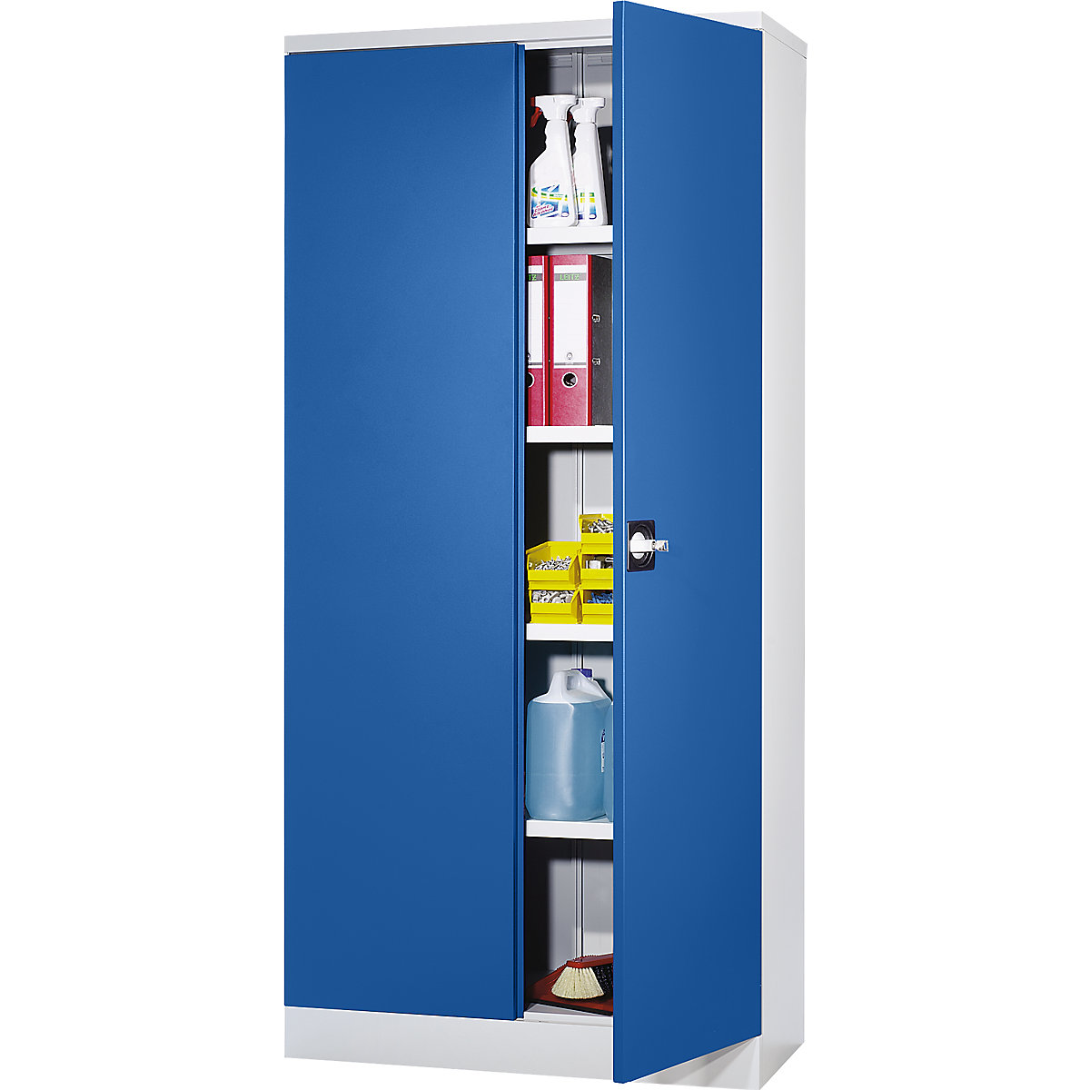 Universal hinged door cupboard – eurokraft basic, external HxWxD 1950 x 915 x 421 mm, gentian blue doors-2