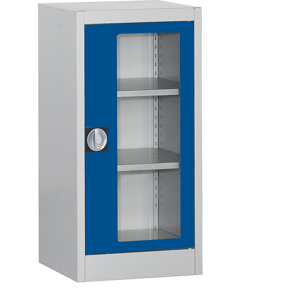 Vision panel double door cupboard – mauser, with 2 shelves, HxWxD 1016 x 500 x 500 mm, light grey/gentian blue-5