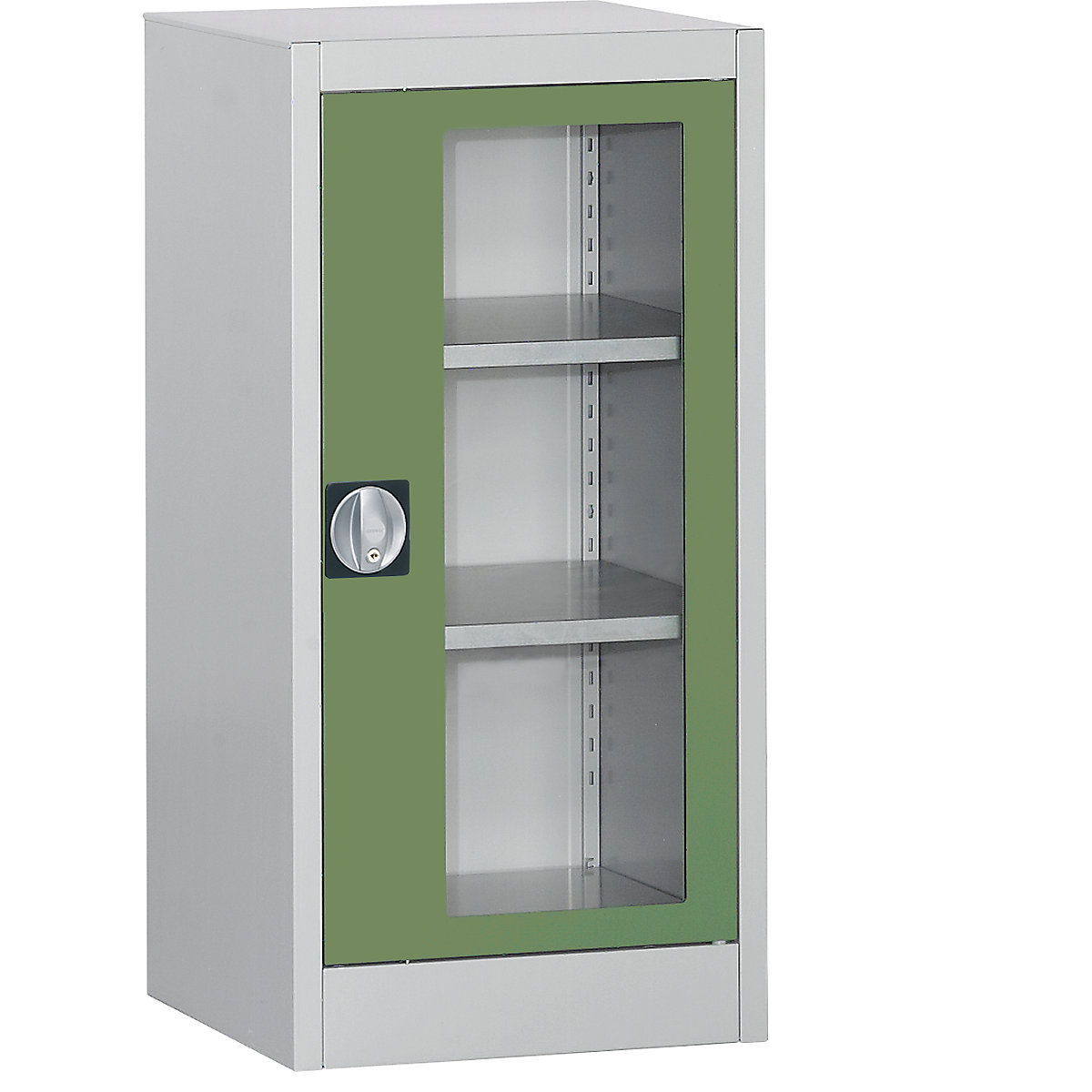 Vision panel double door cupboard – mauser, with 2 shelves, HxWxD 1016 x 500 x 500 mm, light grey/reseda green-4