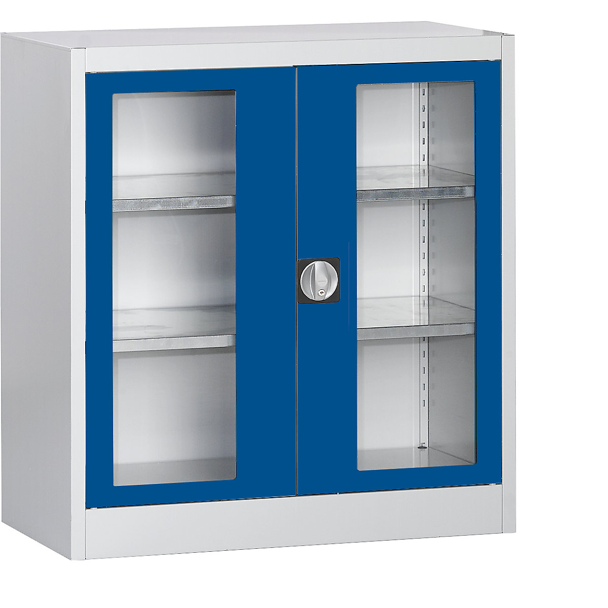 Vision panel double door cupboard – mauser, with 2 shelves, HxWxD 1016 x 950 x 500 mm, light grey/gentian blue-3