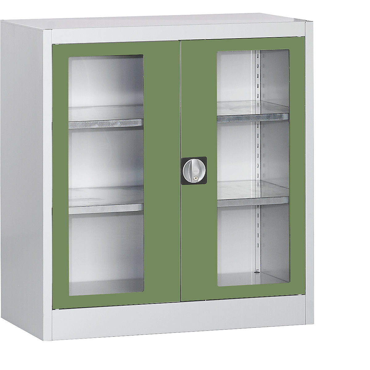 Vision panel double door cupboard – mauser, with 2 shelves, HxWxD 1016 x 950 x 500 mm, light grey/reseda green-5