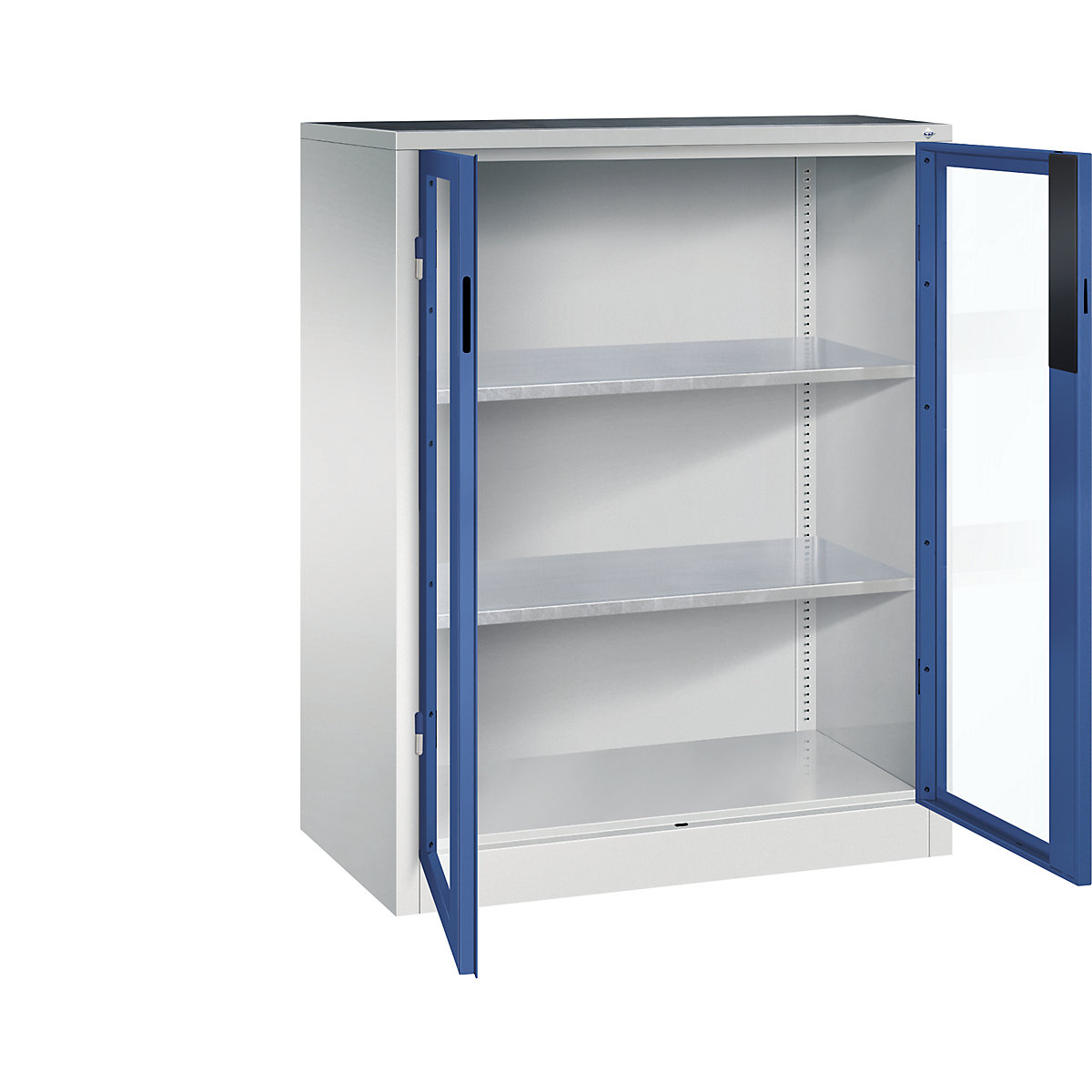 Vision panel double door cupboard – C+P, HxWxD 1200 x 930 x 500 mm, 2 shelves, light grey / gentian blue-7