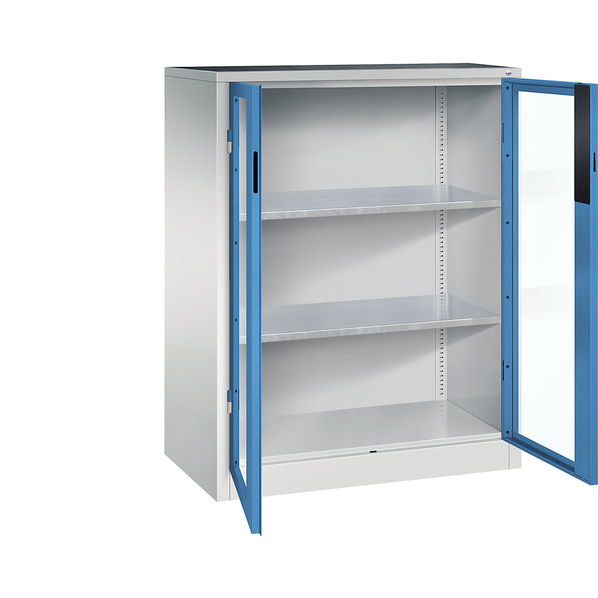 Vision panel double door cupboard – C+P, HxWxD 1200 x 930 x 500 mm, 2 shelves, light grey / light blue-4