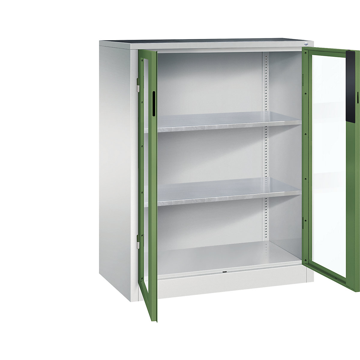 Vision panel double door cupboard – C+P, HxWxD 1200 x 930 x 500 mm, 2 shelves, light grey / reseda green-5