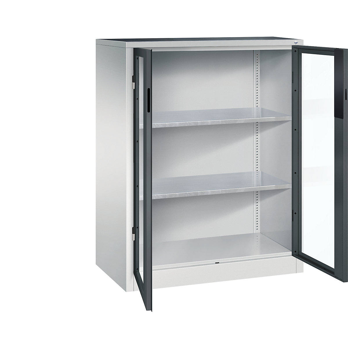 Vision panel double door cupboard – C+P, HxWxD 1200 x 930 x 500 mm, 2 shelves, light grey / charcoal-8