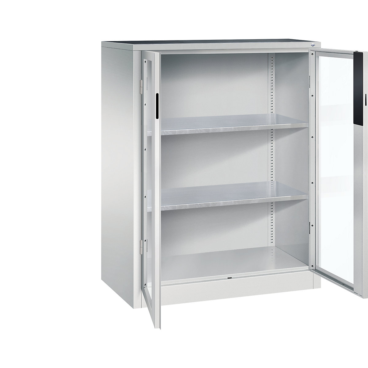 Vision panel double door cupboard – C+P, HxWxD 1200 x 930 x 500 mm, 2 shelves, light grey / light grey-6