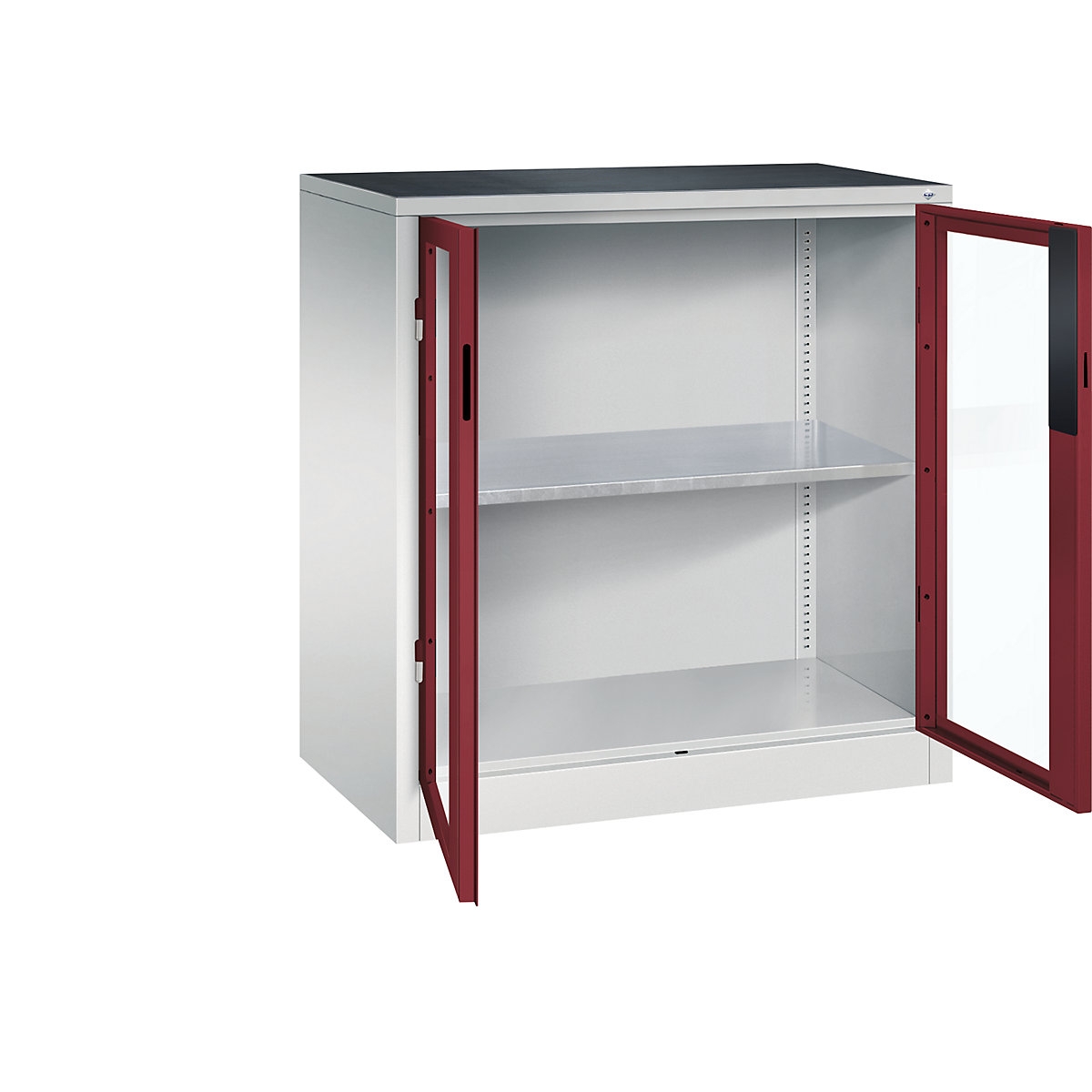 Vision panel double door cupboard – C+P, HxWxD 1000 x 930 x 500 mm, 1 shelf, light grey / ruby red-9