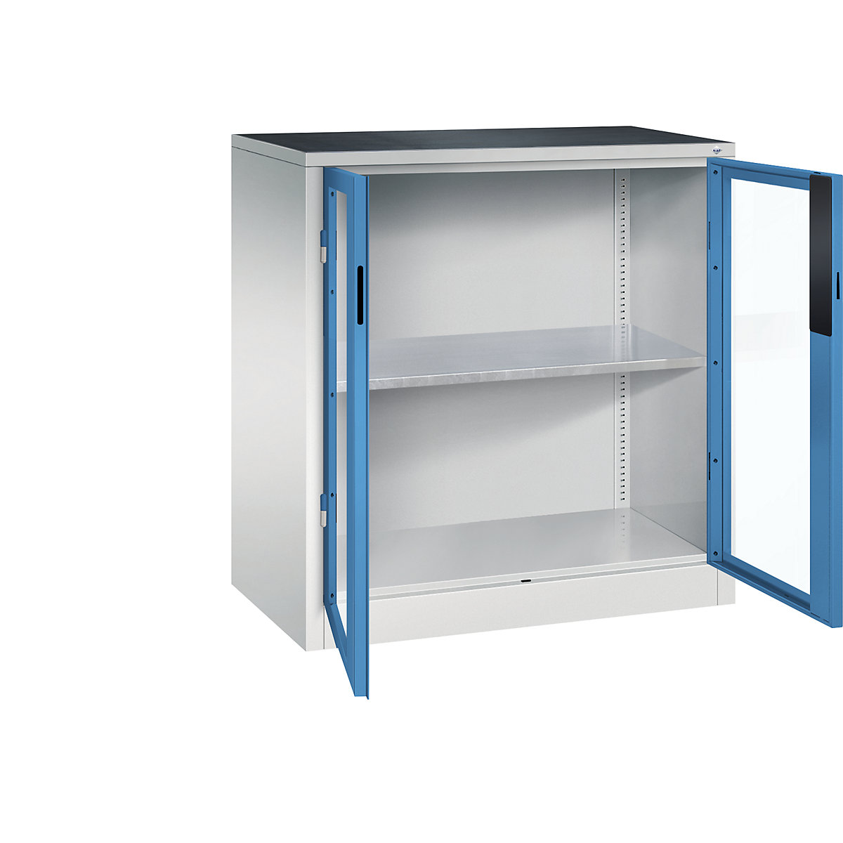 Vision panel double door cupboard – C+P, HxWxD 1000 x 930 x 500 mm, 1 shelf, light grey / light blue-6