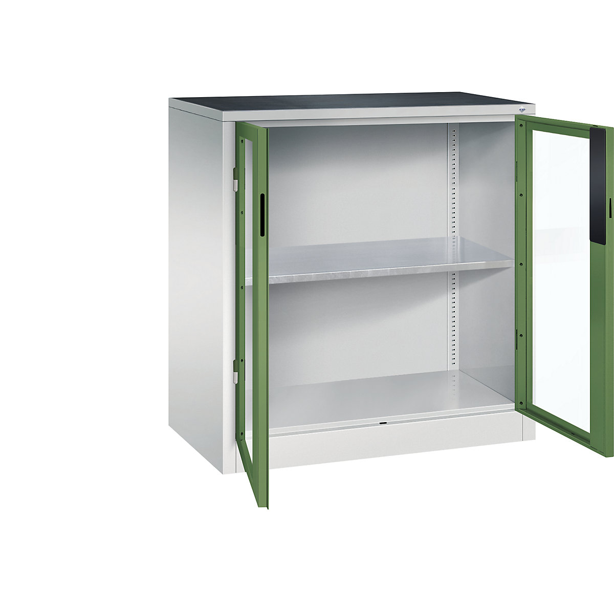 Vision panel double door cupboard – C+P, HxWxD 1000 x 930 x 500 mm, 1 shelf, light grey / reseda green-7
