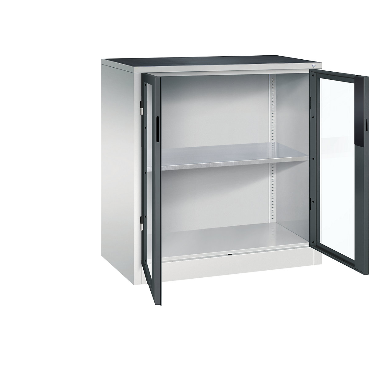 Vision panel double door cupboard – C+P, HxWxD 1000 x 930 x 500 mm, 1 shelf, light grey / charcoal-8