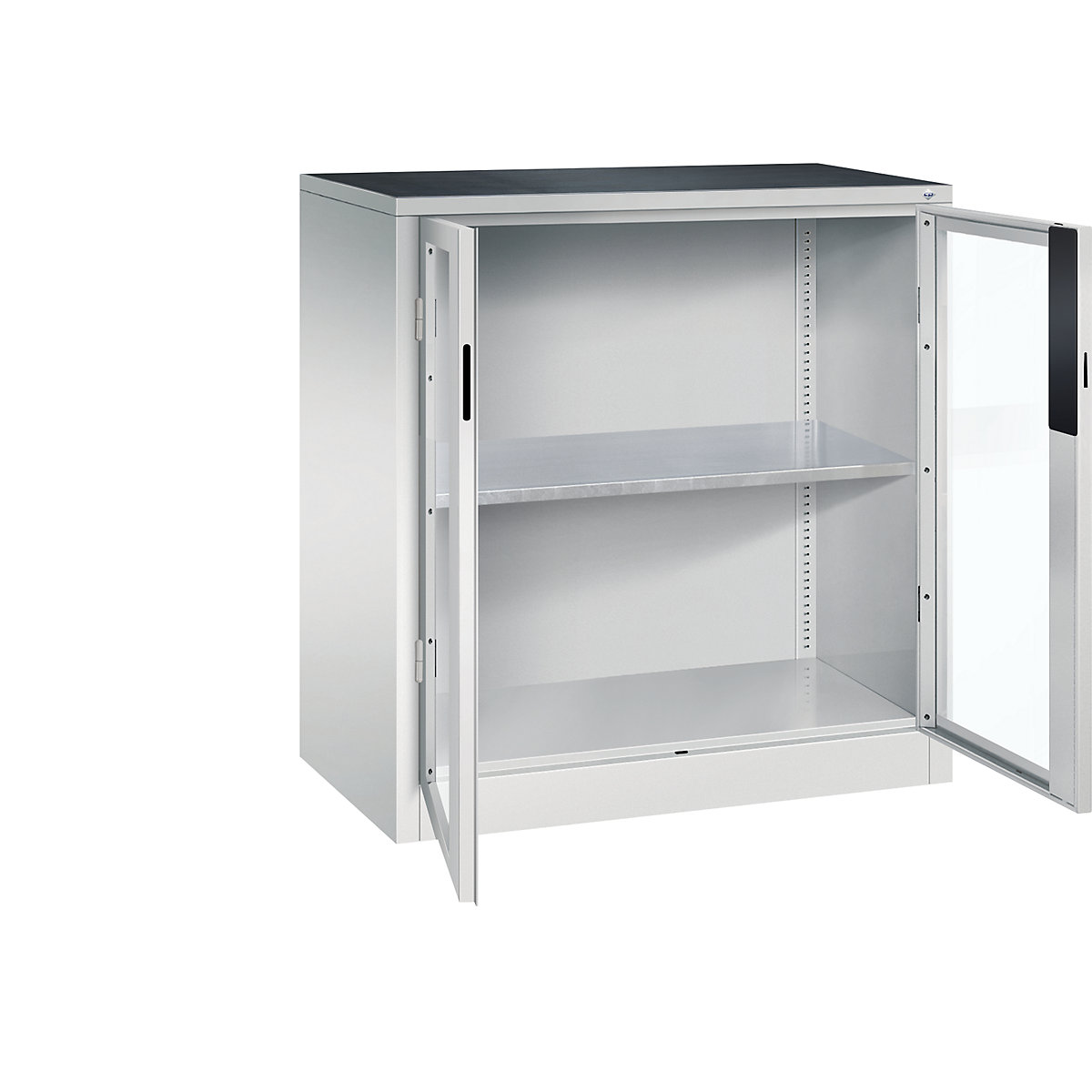 Vision panel double door cupboard – C+P, HxWxD 1000 x 930 x 500 mm, 1 shelf, light grey / light grey-5