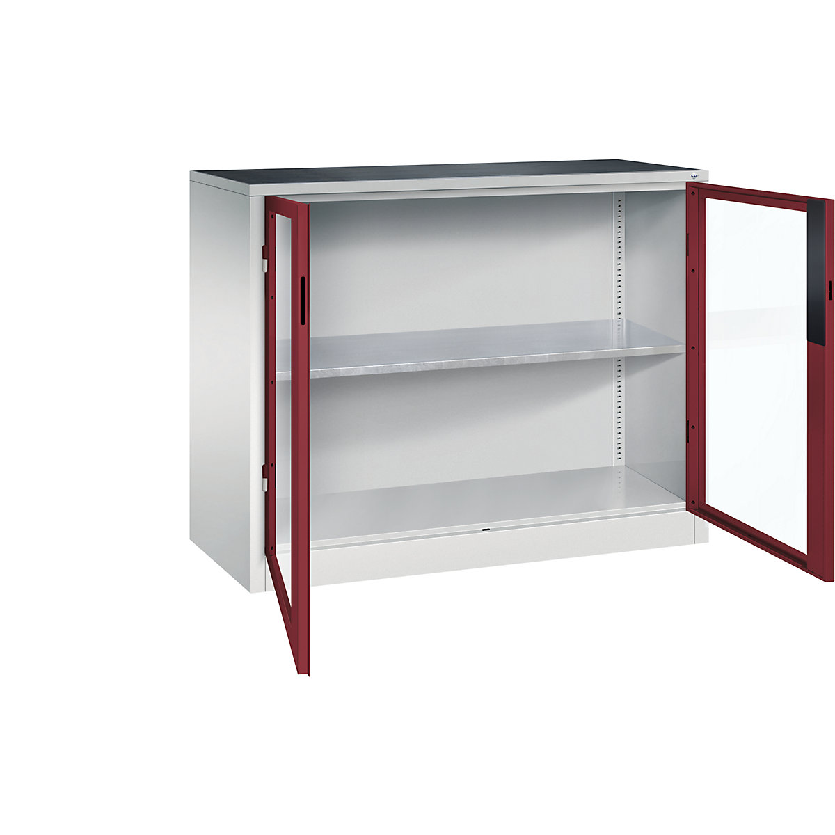 Vision panel double door cupboard – C+P, HxWxD 1000 x 1200 x 500 mm, 1 shelf, light grey / ruby red-9