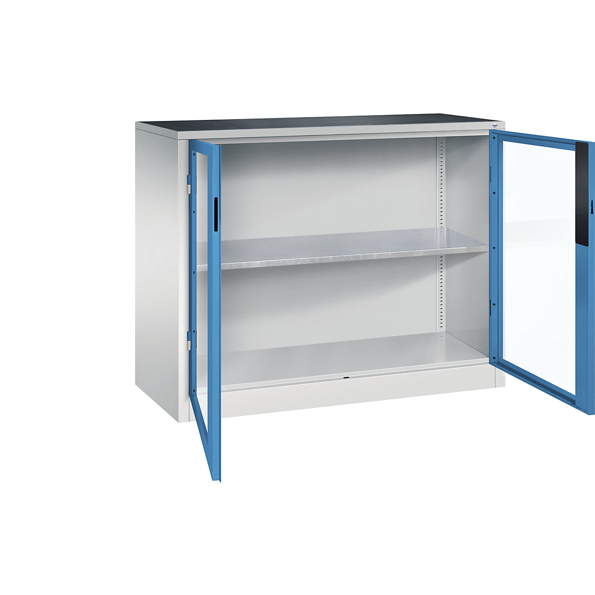 Vision panel double door cupboard – C+P, HxWxD 1000 x 1200 x 500 mm, 1 shelf, light grey / light blue-8