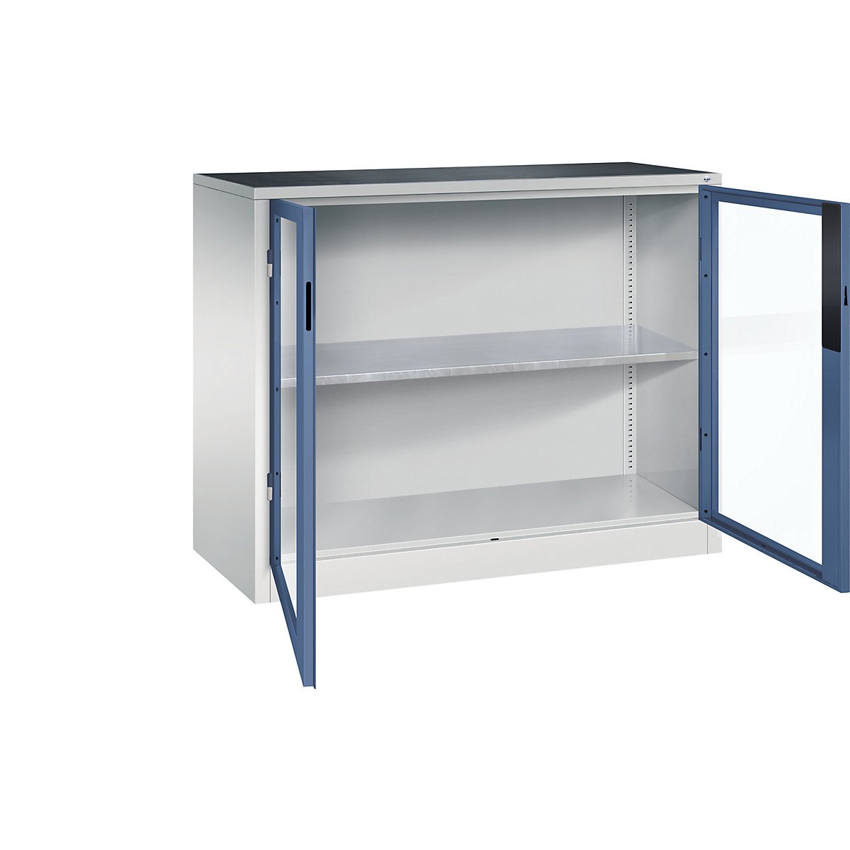Vision panel double door cupboard – C+P, HxWxD 1000 x 1200 x 500 mm, 1 shelf, light grey / distant blue-4