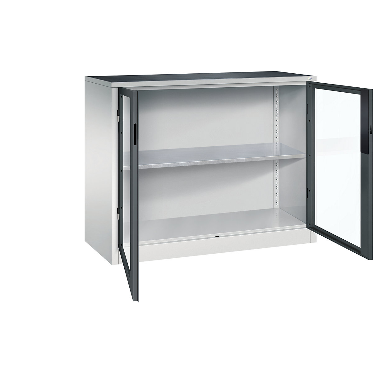 Vision panel double door cupboard – C+P, HxWxD 1000 x 1200 x 500 mm, 1 shelf, light grey / charcoal-6