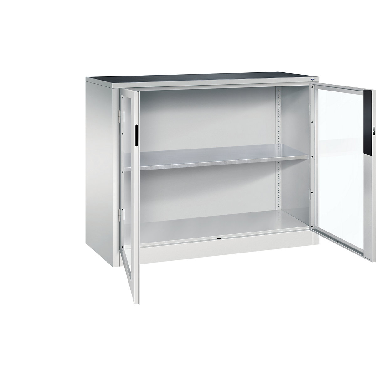 Vision panel double door cupboard – C+P, HxWxD 1000 x 1200 x 500 mm, 1 shelf, light grey / light grey-7