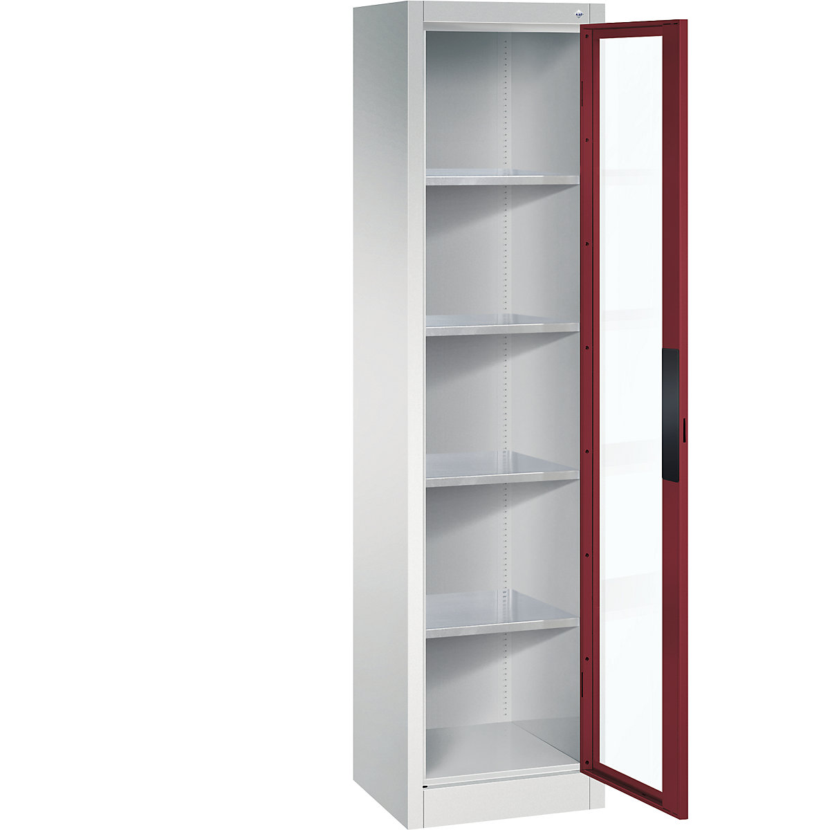 Vision panel double door cupboard – C+P, HxWxD 1950 x 502 x 400 mm, 4 shelves, light grey / ruby red-10